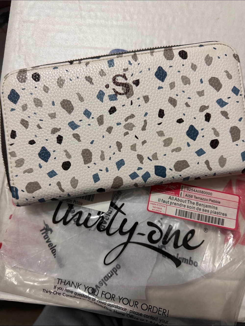 Thirty-One White Terrazzo Zip Wallet